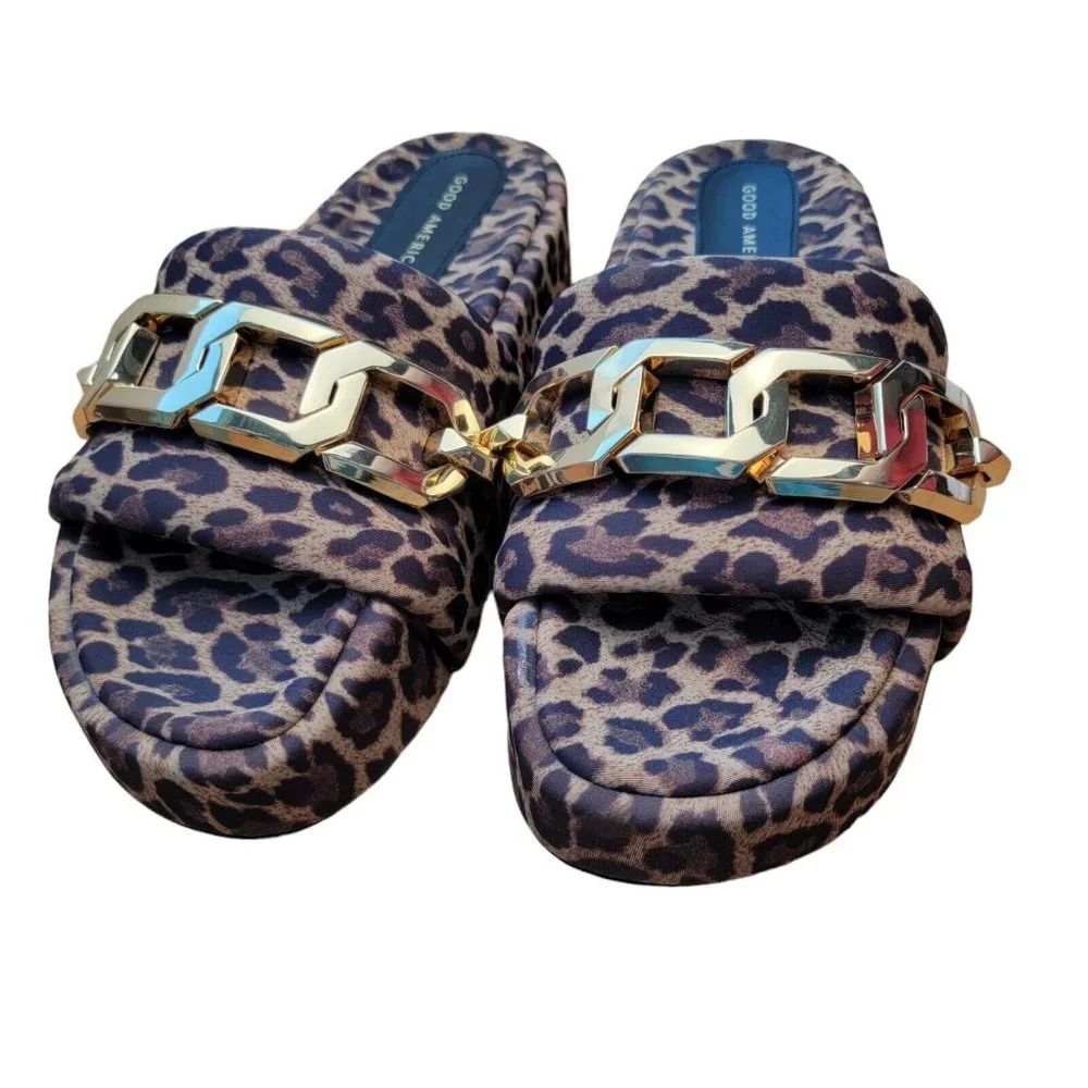 Good American Leopard Chain Platform Slide Sandal Size 7 nwob
